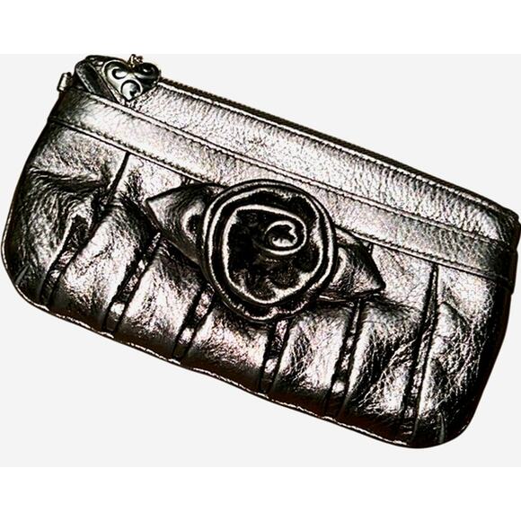 Brighton Silver Leather Clutch or Crossbody Bag w/Flower-No Strap-Pleated-Y2K-EC - Picture 1 of 6